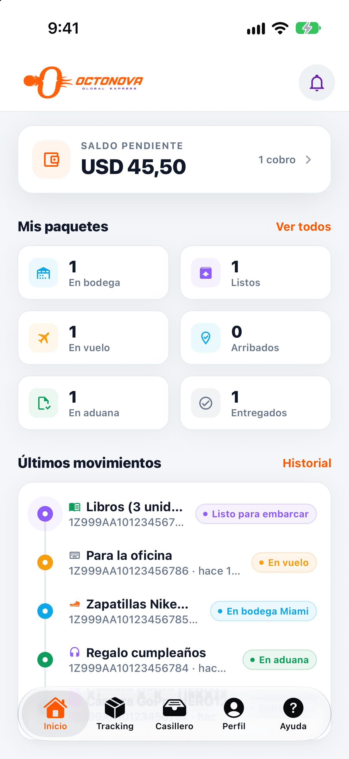 Pantalla de inicio de la app con el saldo pendiente y los paquetes por estado